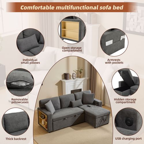 Canapé d’angle convertible L avec rangement et étagère Intégrée, USB intégré et coussins, gris foncé