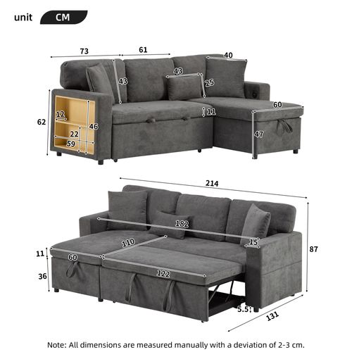 Canapé d’angle convertible L avec rangement et étagère Intégrée, USB intégré et coussins, gris foncé