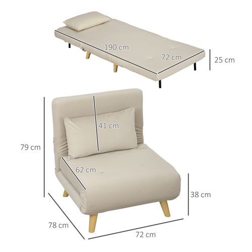Fauteuil Convertible Avec Fonction Lit, Velours, Dossier Réglable, Beige