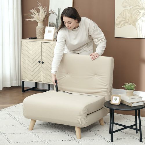 Fauteuil Convertible Avec Fonction Lit, Velours, Dossier Réglable, Beige