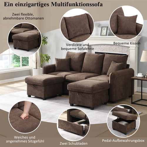 Canapé D'angle Multifonctionnel U En Chenille Avec Fonction De Couchage, Incluant Tiroirs Et Pouf