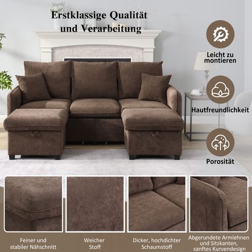Canapé D'angle Multifonctionnel U En Chenille Avec Fonction De Couchage, Incluant Tiroirs Et Pouf