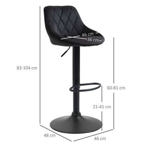 Tabouret De Bar Réglable En Hauteur Velours Et Métal Avec Repose-pieds Et Dossier, Noir