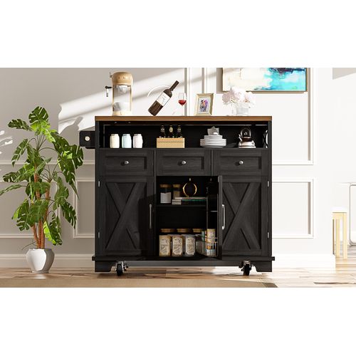 Îlot De Cuisine En Bois Avec Rangement Multifonction, 118×43-80×98cm, Noir