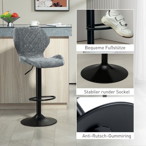 Set De 2 Tabourets De Bar, Acier Et Chenille, Avec Dossier,réglables 360° Et Repose-pieds,gris Foncé