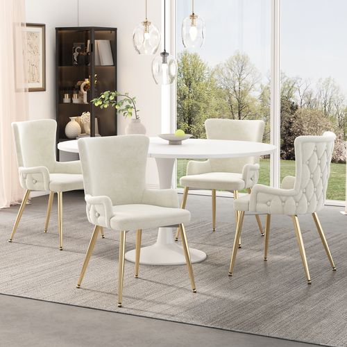 Set De 6 Fauteuils Lounge En Velours Avec Pieds En Métal Doré, Beige