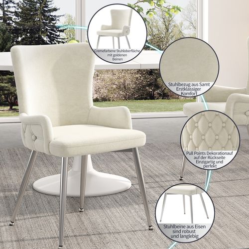 Chaise De Salon En Velours, Avec Quatre Pieds En Métal Argenté, Beige