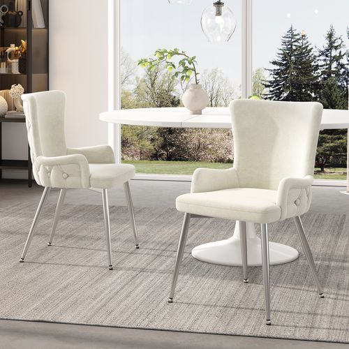 Chaise De Salon En Velours, Avec Quatre Pieds En Métal Argenté, Beige