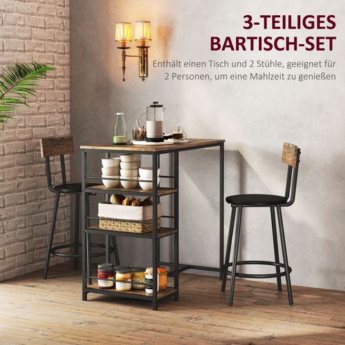 Ensemble De Bar 3 Pièces En Acier Et Chêne, Table De Cuisine Avec 3 Étagères Et 2 Tabourets De Bar