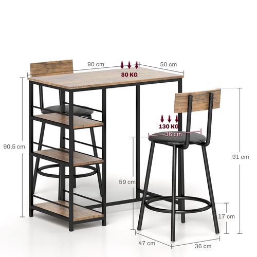 Ensemble De Bar 3 Pièces En Acier Et Chêne, Table De Cuisine Avec 3 Étagères Et 2 Tabourets De Bar