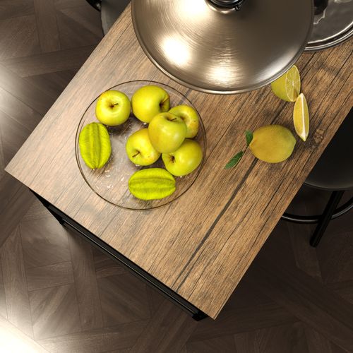 Ensemble De Bar 3 Pièces En Acier Et Chêne, Table De Cuisine Avec 3 Étagères Et 2 Tabourets De Bar