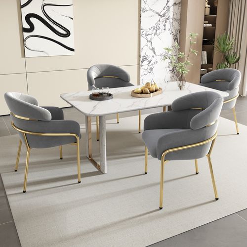 Lot de 6 Chaises De Salle à Manger, Velours, Léger Luxe, Quatre Pieds En Métal, Gris