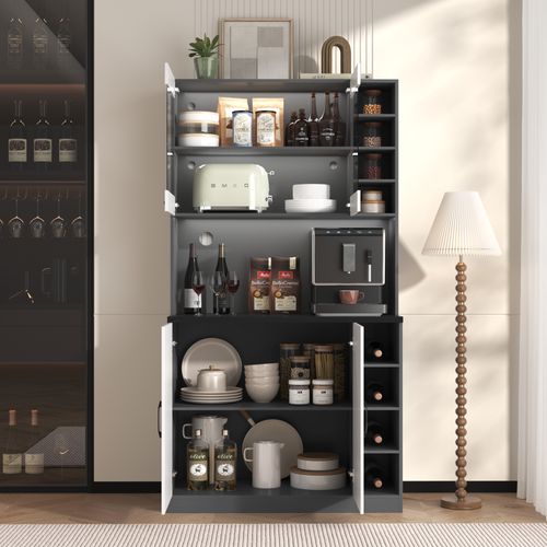 Buffet En Bois Avec Éclairage LED, Haute Étagère Pour Cuisine, Espace Pour Micro-ondes