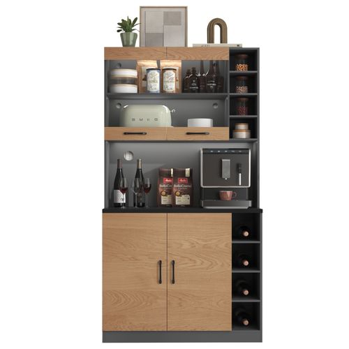 Buffet En Bois Avec Éclairage LED, Câbles Et Rayonnages Ajustables, Freestanding