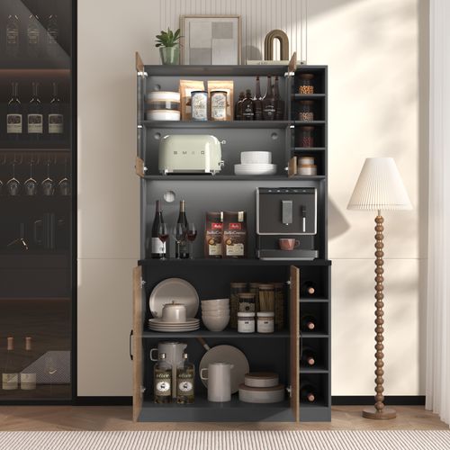 Buffet En Bois Avec Éclairage LED, Câbles Et Rayonnages Ajustables, Freestanding