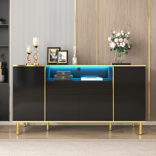 Commode, Haute Brillance En Noir Avec 1 Tiroir, Pour Chambre, B150/t40/h80cm