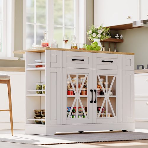 Îlot De Cuisine En Mélamine Avec Table Rabattable,usb,porte En Verre,roulettes Avec Frein