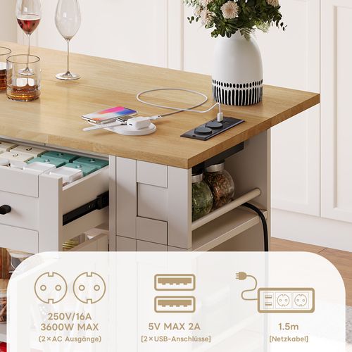 Îlot De Cuisine En Mélamine Avec Table Rabattable,usb,porte En Verre,roulettes Avec Frein