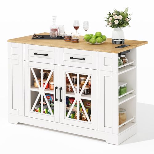 Îlot De Cuisine En Mélamine Avec Table Rabattable,usb,porte En Verre,roulettes Avec Frein