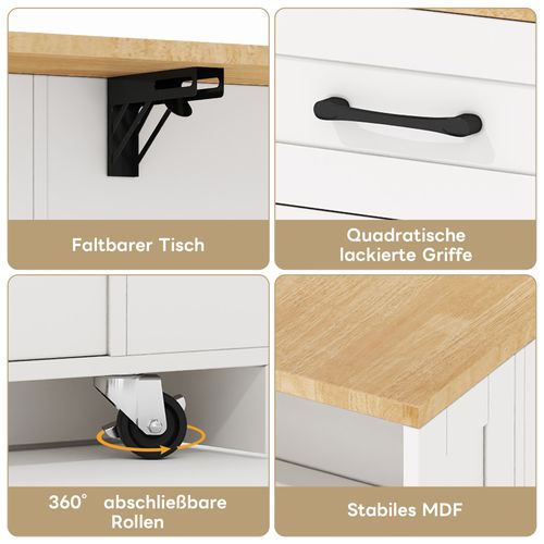 Îlot De Cuisine En Mélamine Avec Table Rabattable,usb,porte En Verre,roulettes Avec Frein