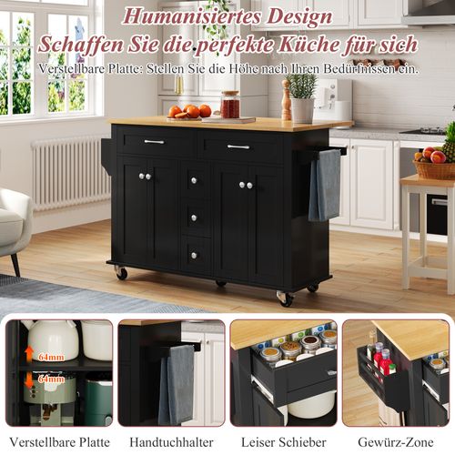 Chariot De Cuisine Multifonction En Bois Avec Plateau Rabattable, 5 Tiroirs, Roulettes