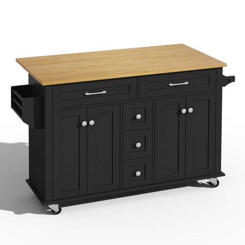 Chariot De Cuisine Multifonction En Bois Avec Plateau Rabattable, 5 Tiroirs, Roulettes