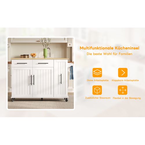 Îlot De Cuisine En Bois Avec Plateau Rabattable, Chariot De Rangement à 3 Niveaux, Roulettes, Blanc