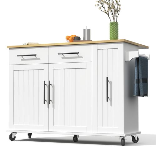 Îlot De Cuisine En Bois Avec Plateau Rabattable, Chariot De Rangement à 3 Niveaux, Roulettes, Blanc