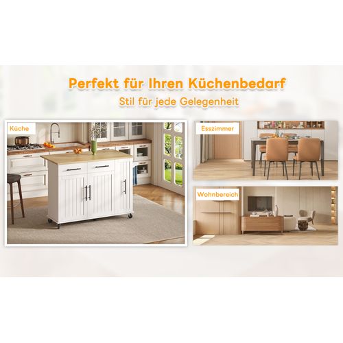 Îlot De Cuisine En Bois Avec Plateau Rabattable, Chariot De Rangement à 3 Niveaux, Roulettes, Blanc