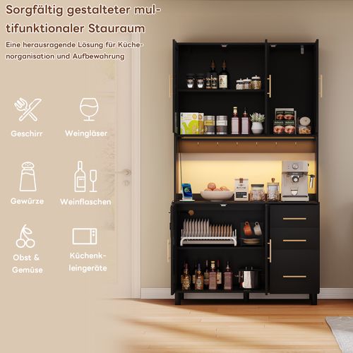 Buffet En Bois Avec Lumières LED, 2 USB, 2 Prises, Étagères Ajustables, 3 Tiroirs, Poignées Dorées