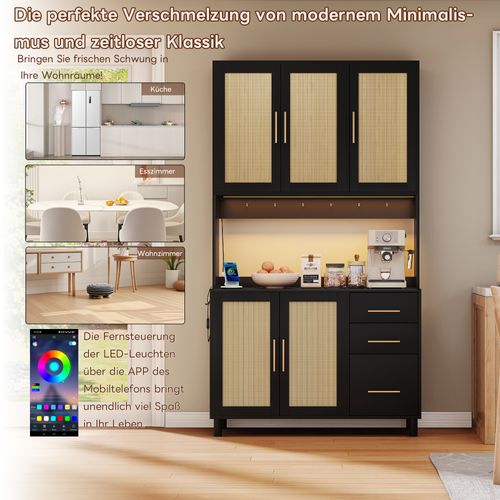 Buffet En Bois Avec Lumières LED, 2 USB, 2 Prises, Étagères Ajustables, 3 Tiroirs, Poignées Dorées