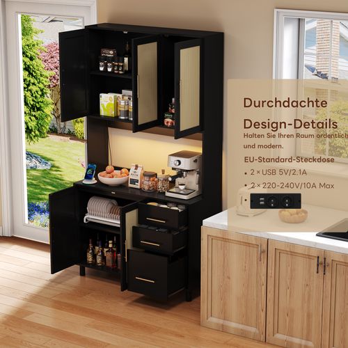 Buffet En Bois Avec Lumières LED, 2 USB, 2 Prises, Étagères Ajustables, 3 Tiroirs, Poignées Dorées