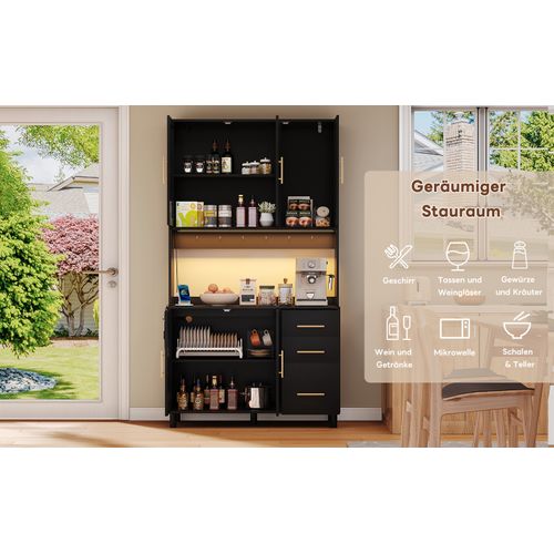 Buffet En Bois Avec Lumières LED, 2 USB, 2 Prises, Étagères Ajustables, 3 Tiroirs, Poignées Dorées