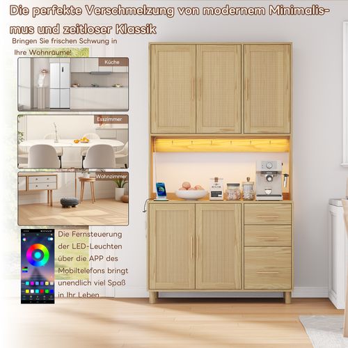 Buffet En Bois Avec Lumières LED, 2 USB, 2 Prises, Étagères Ajustables, 3 Tiroirs, Poignées Dorées