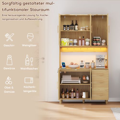 Buffet En Bois Avec Lumières LED, 2 USB, 2 Prises, Étagères Ajustables, 3 Tiroirs, Poignées Dorées