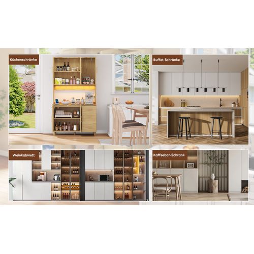 Buffet En Bois Avec Lumières LED, 2 USB, 2 Prises, Étagères Ajustables, 3 Tiroirs, Poignées Dorées