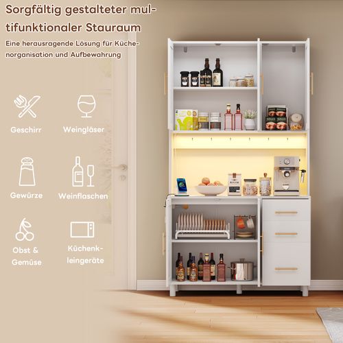 Buffet En Bois Avec Lumières LED, 2 USB, 2 Prises, Étagères Ajustables, 3 Tiroirs, Poignées Dorées