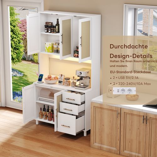 Buffet En Bois Avec Lumières LED, 2 USB, 2 Prises, Étagères Ajustables, 3 Tiroirs, Poignées Dorées