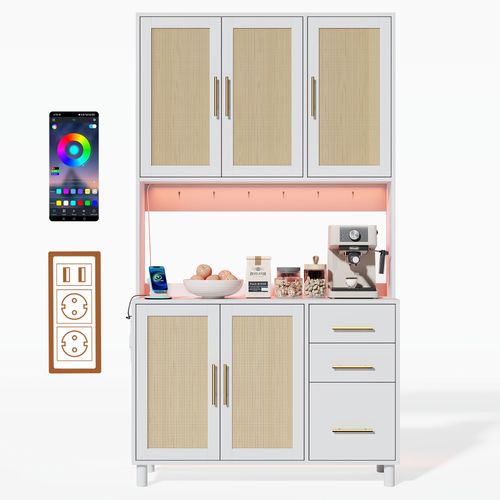 Buffet En Bois Avec Lumières LED, 2 USB, 2 Prises, Étagères Ajustables, 3 Tiroirs, Poignées Dorées