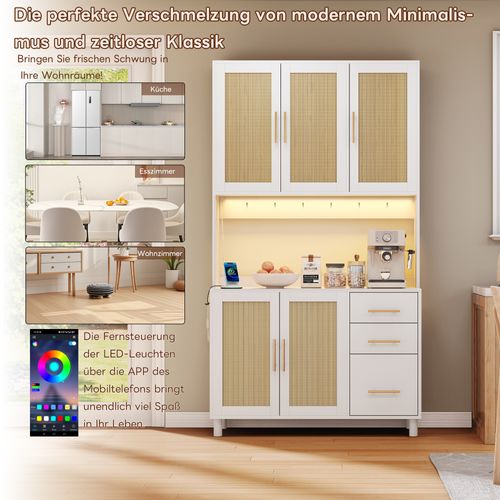 Buffet En Bois Avec Lumières LED, 2 USB, 2 Prises, Étagères Ajustables, 3 Tiroirs, Poignées Dorées