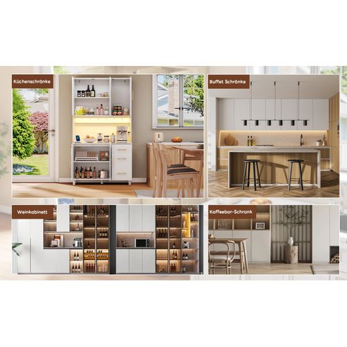 Buffet En Bois Avec Lumières LED, 2 USB, 2 Prises, Étagères Ajustables, 3 Tiroirs, Poignées Dorées