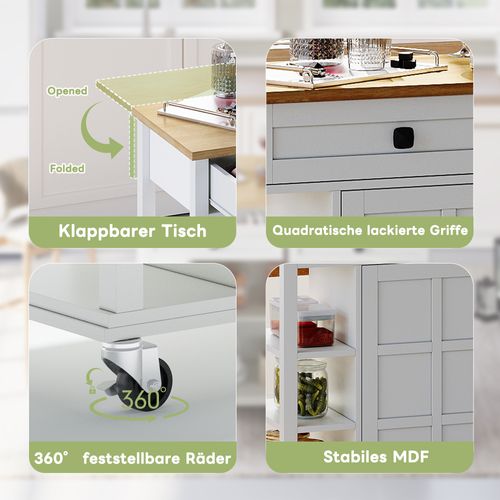 Chariot De Cuisine Multifonctionnel En Bois Avec Plateau Pliable, 2 Tiroirs, Sur Roulettes