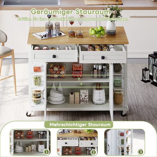 Chariot De Cuisine Multifonctionnel En Bois Avec Plateau Pliable, 2 Tiroirs, Sur Roulettes