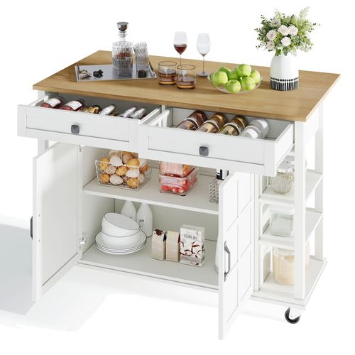 Chariot De Cuisine Multifonctionnel En Bois Avec Plateau Pliable, 2 Tiroirs, Sur Roulettes