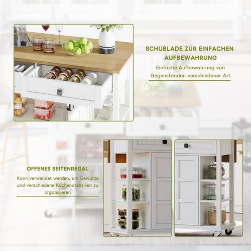 Chariot De Cuisine Multifonctionnel En Bois Avec Plateau Pliable, 2 Tiroirs, Sur Roulettes