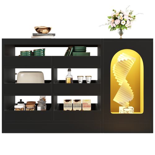 Meuble De Rangement, Moderne, Simple, Avec Éclairage LED, 6 Tiroirs, Portes Vitrées, Noir