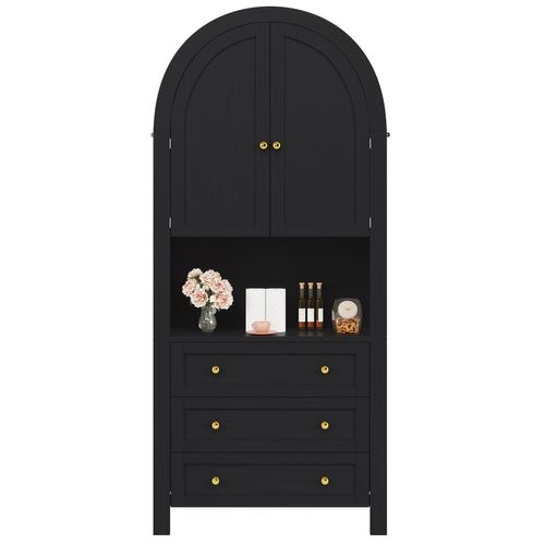 Armoire Haute En Bois Avec Tiroirs Et Portes, Étagères D'exposition Ouvertes, Noir