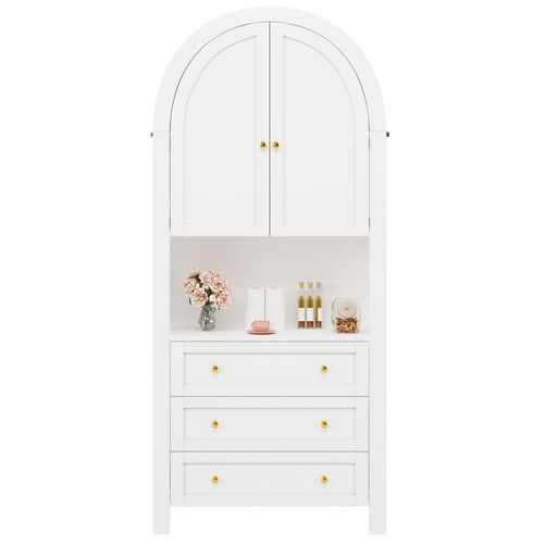 Armoire De Rangement Haute En Bois Avec Tiroirs Et Portes, Espace D'exposition Ouvert, Blanc