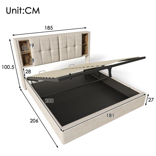 Lit Double En Lin Naturel Avec Chargement USB-c Sans Fil, Cadre De Lit 180x200 Cm Avec Rangement