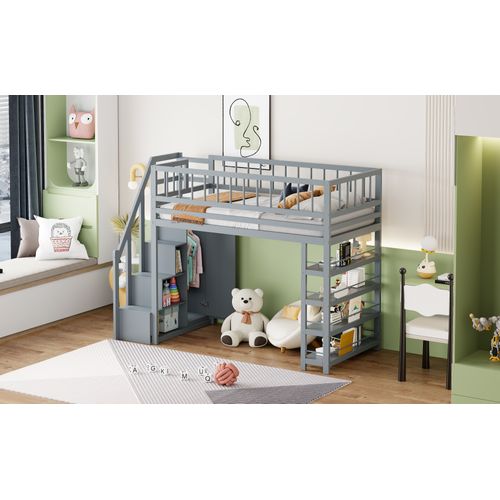 Lit Mezzanine En Bois Massif Avec Armoire, Espace De Rangement Et Échelle Sécurisée, Gris 90 X 200cm